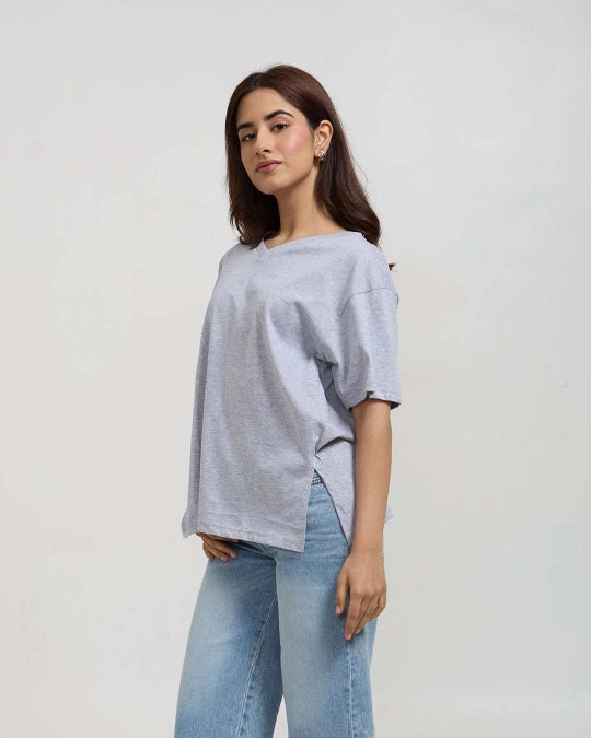 Grey Melange Plain V-Neck Oversized T-Shirt