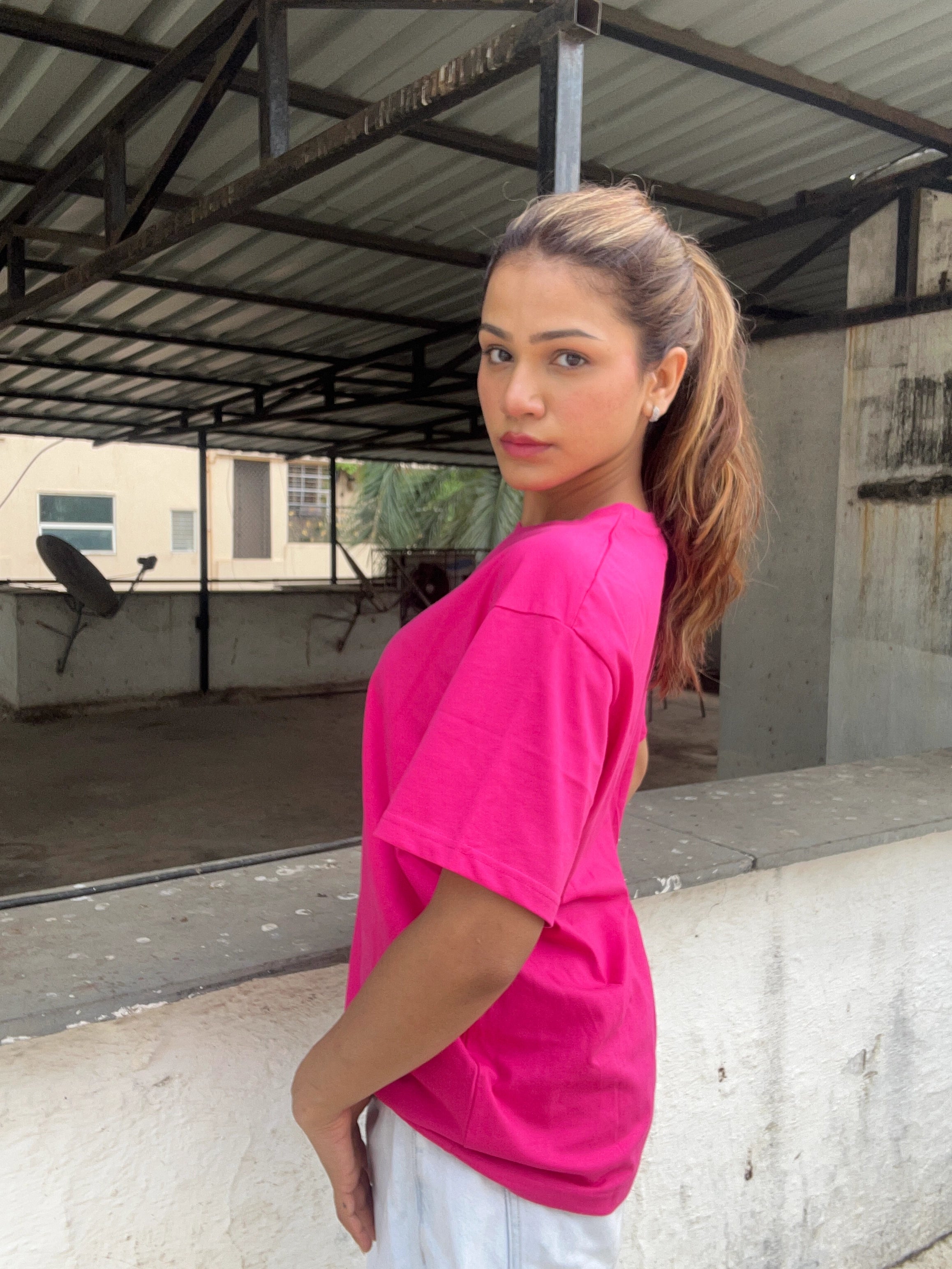 Hot Pink Plain Oversized T-Shirt