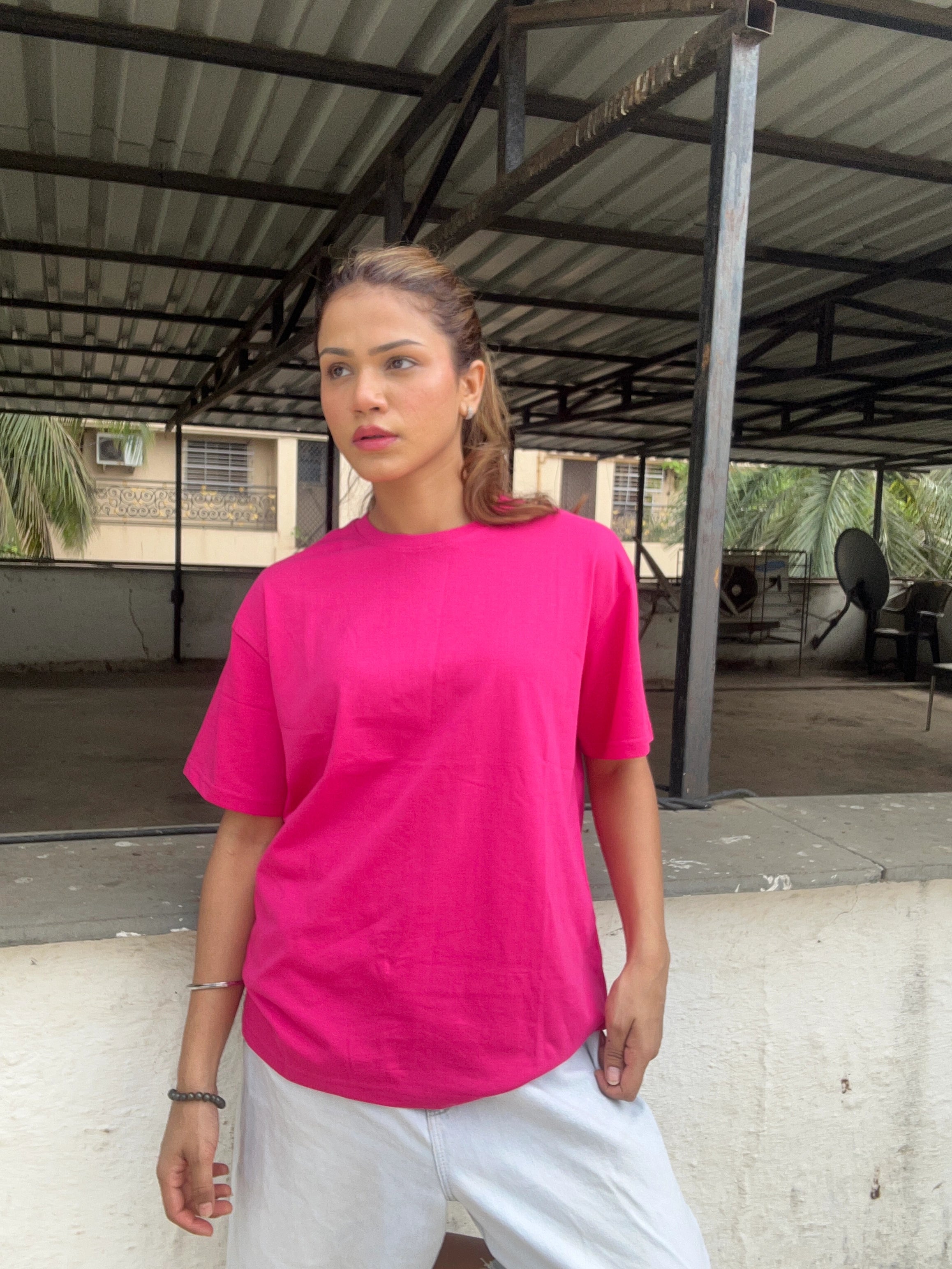 Hot Pink Plain Oversized T-Shirt
