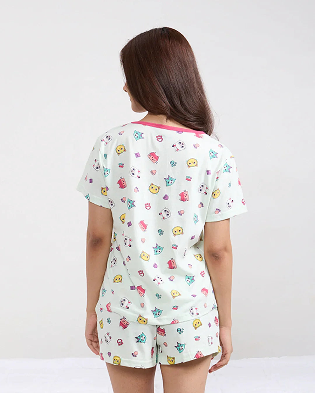 Kitty Cotton Shorts Set - mint green relaxed-fit short-sleeve top with cartoon prints, matching shorts worn by model