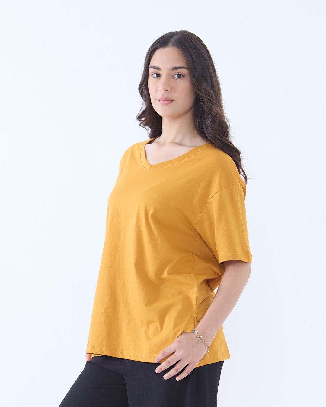 Mustard Plain V-Neck Oversized T-Shirt