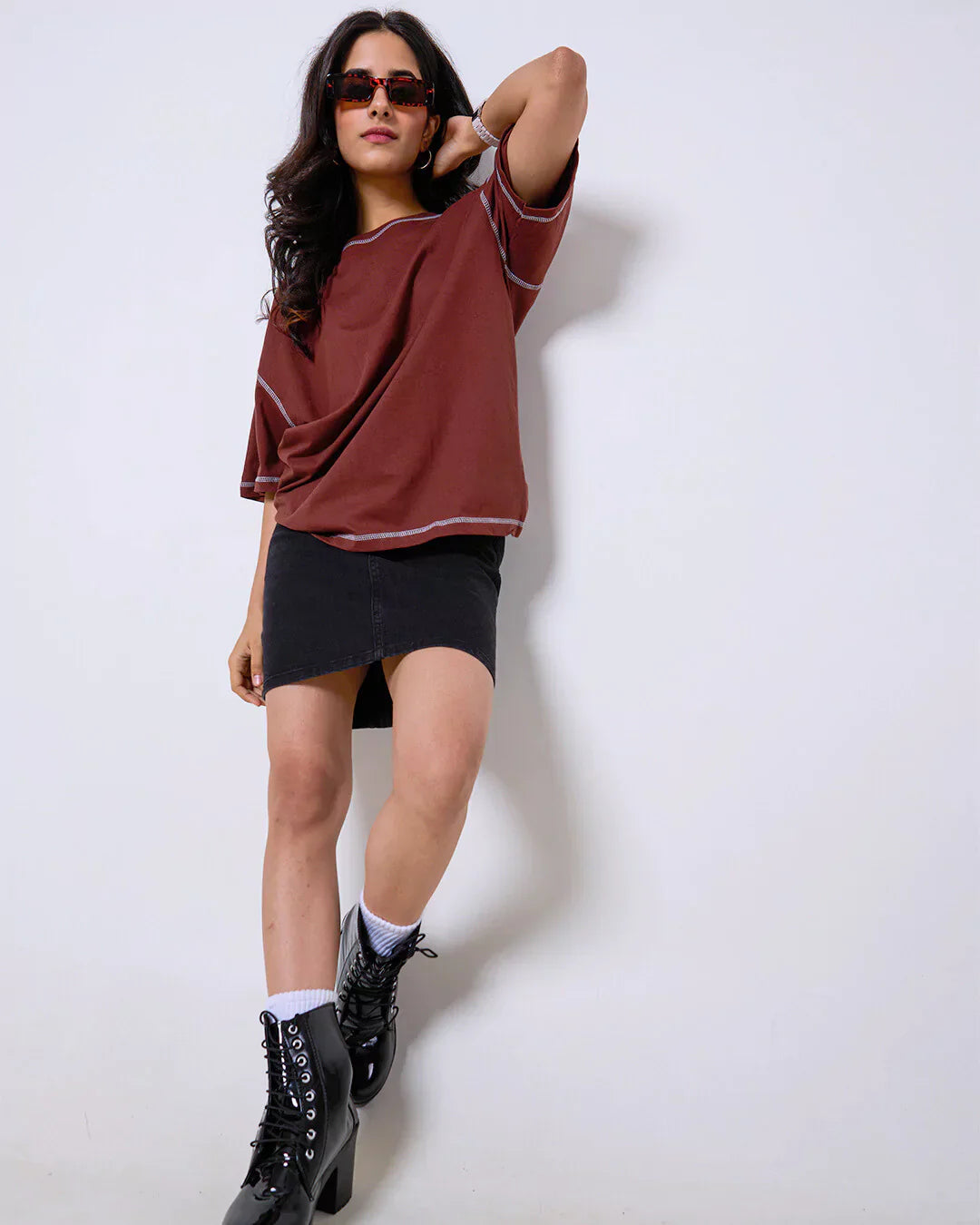 Reverse Weave Brown Plain Oversized T-Shirt