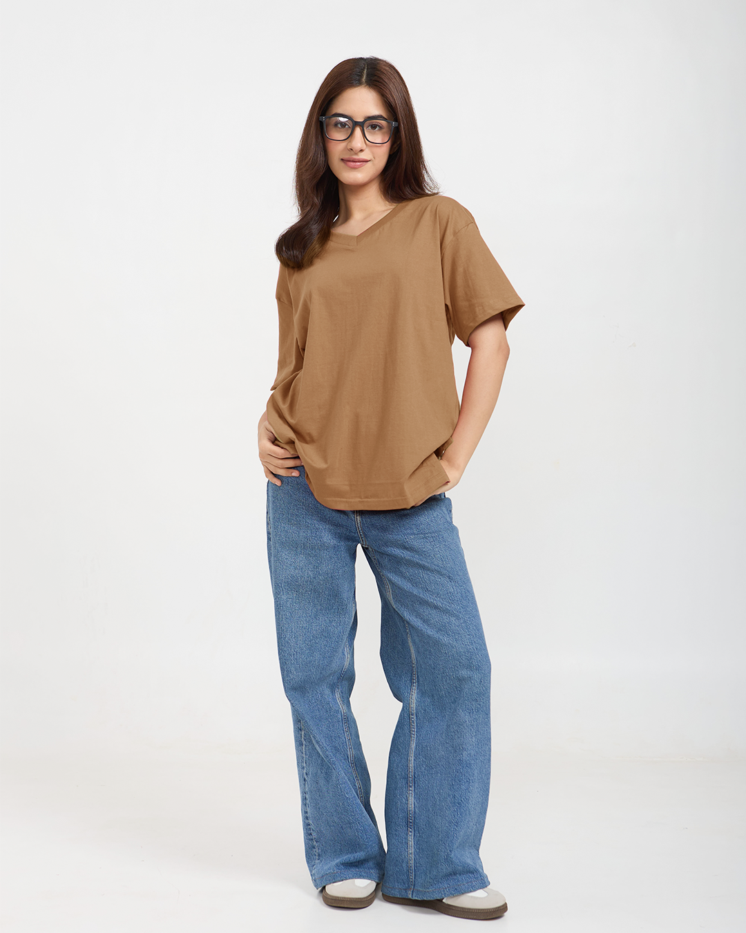 Tan Plain V-Neck Oversize T-Shirt
