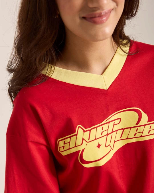 Silver Queen Tap-Out V-Neck Oversize T-Shirt