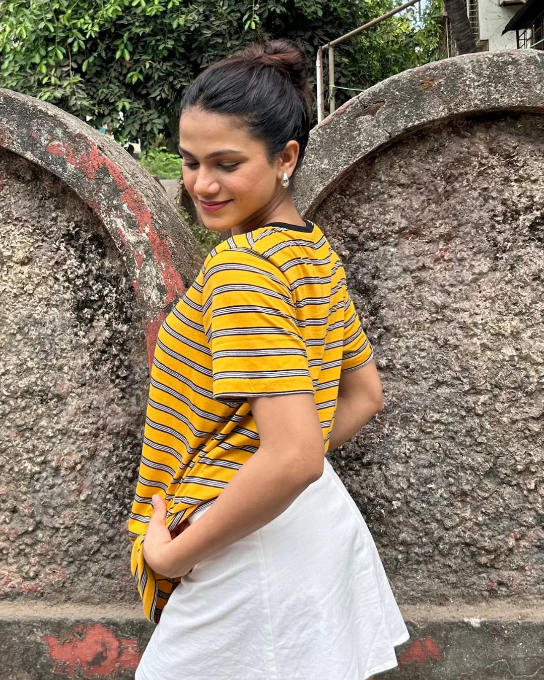 Yellow Stripe V-Neck T-Shirt for Women Online In India | DKY