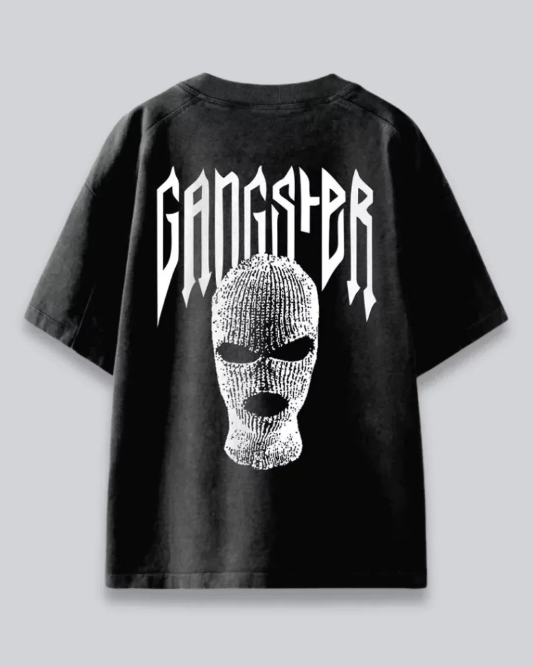 Arlo Black Gangster Oversized T-Shirt โ black cotton tee with white GANGSTER graphic and balaclava print, shown in flat lay