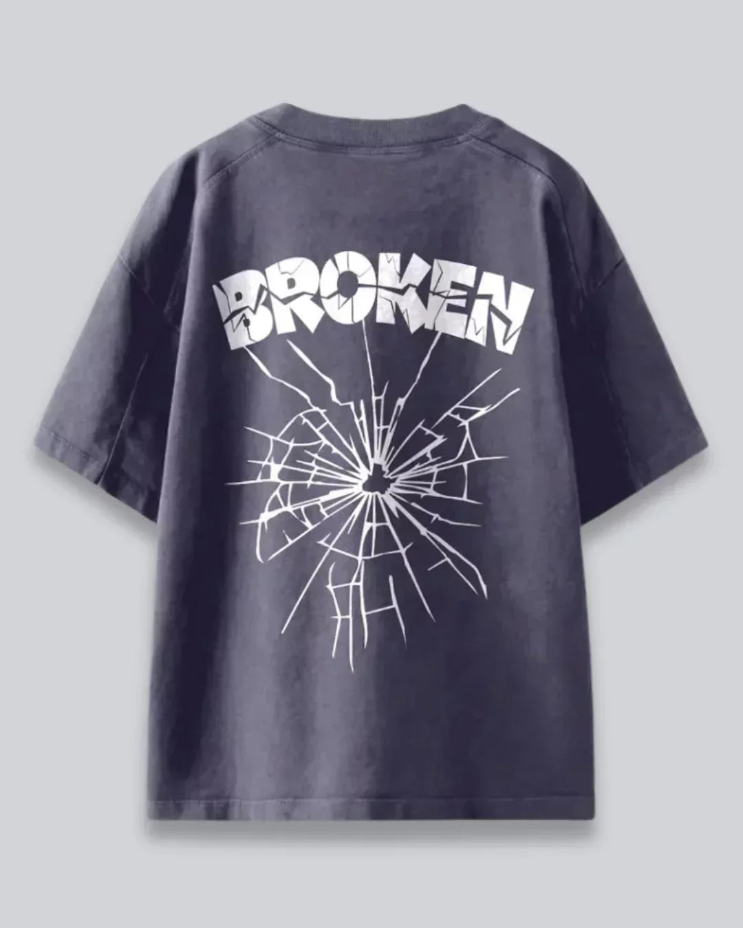Arlo BR Grey Oversized T-Shirt – grey oversized tee with white shattered-glass back graphic and bold text on back