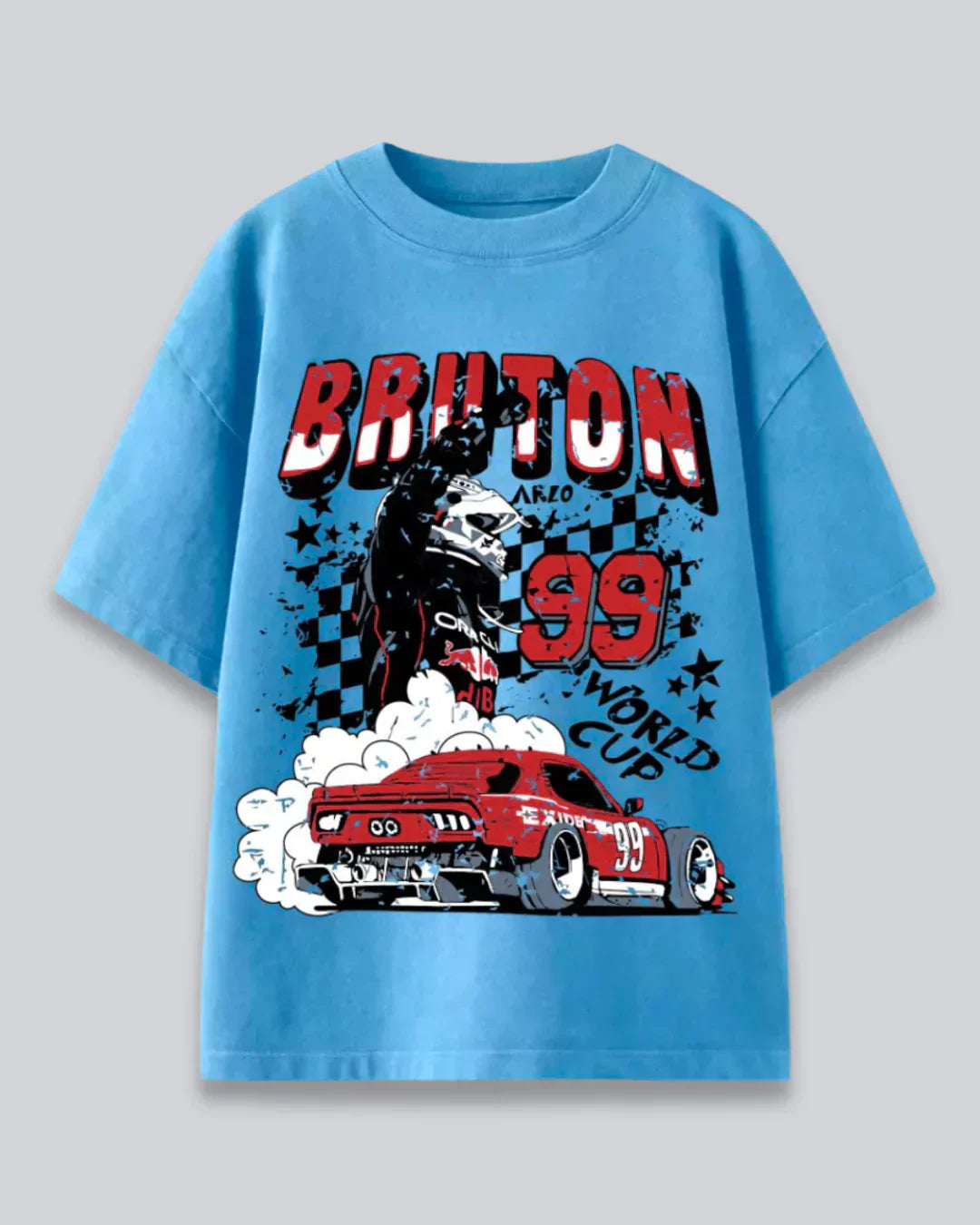 Arlo Bruton Oversized T-Shirt – blue tee with bold red and black race car graphic, flat lay