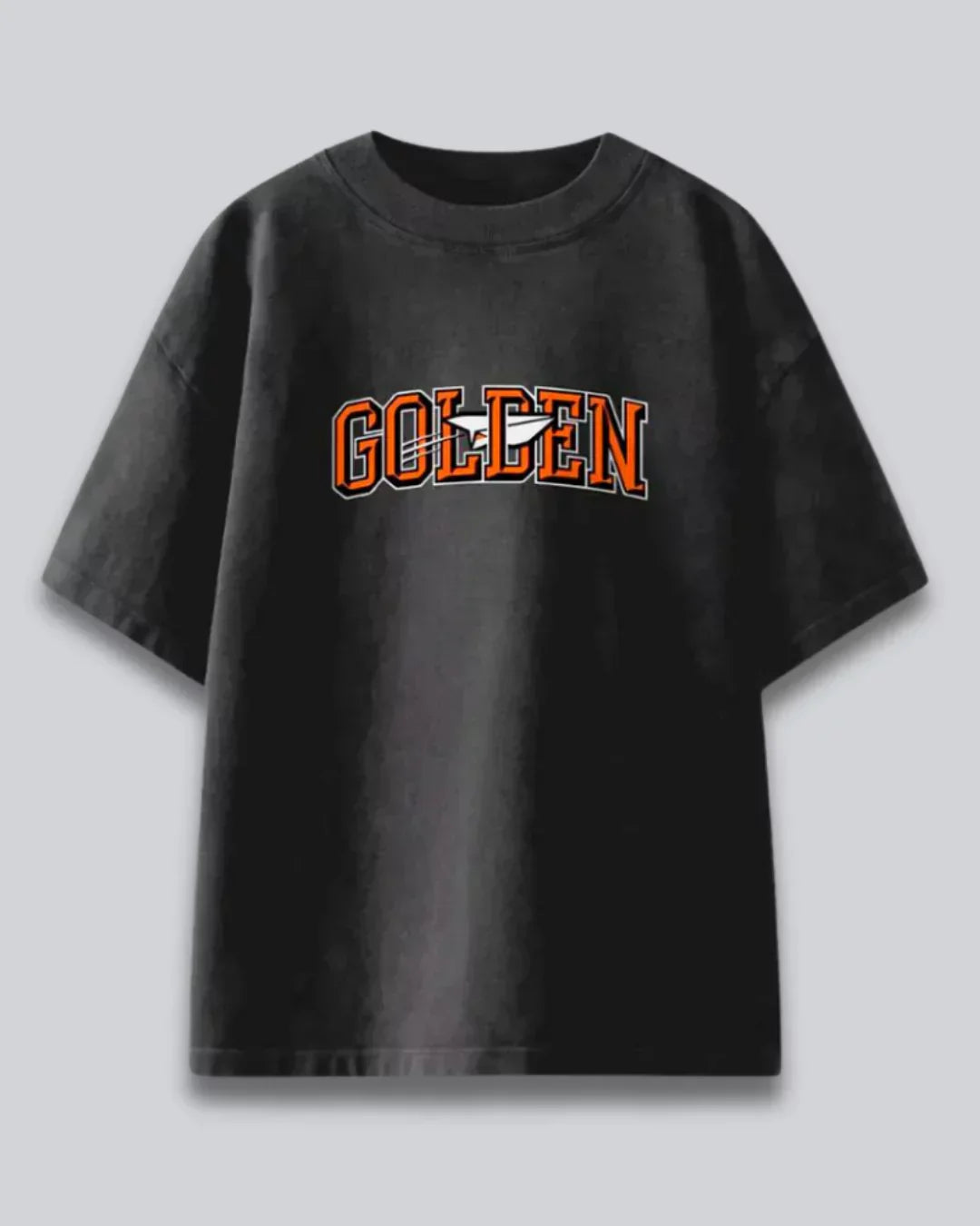 Arlo Golden Oversized T-Shirt โ black tee with orange GOLDEN graphic shown in flat lay