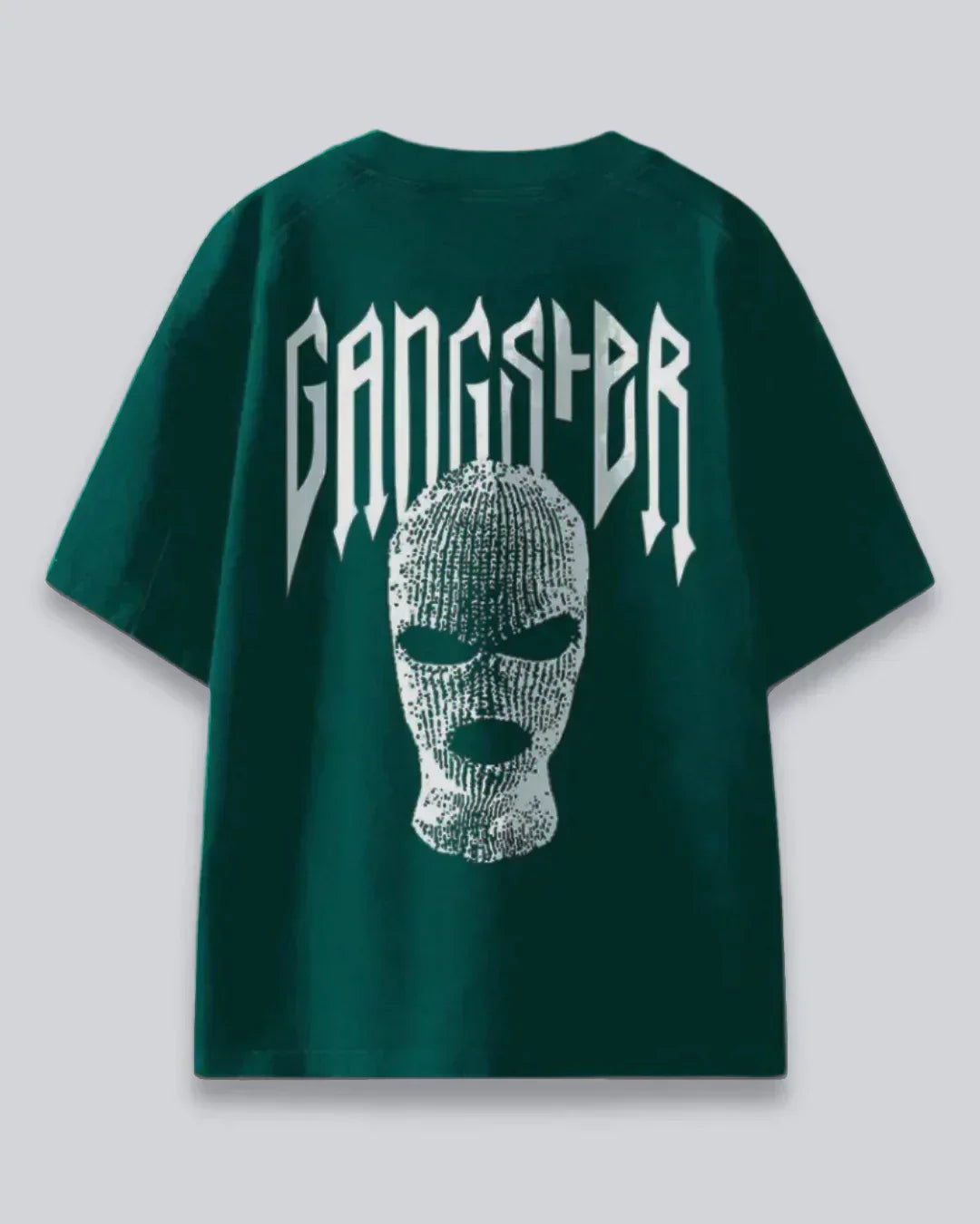 Arlo Jade Gangster Oversized T-Shirt jade green graphic tee with bold GANGSTER lettering and skull back print