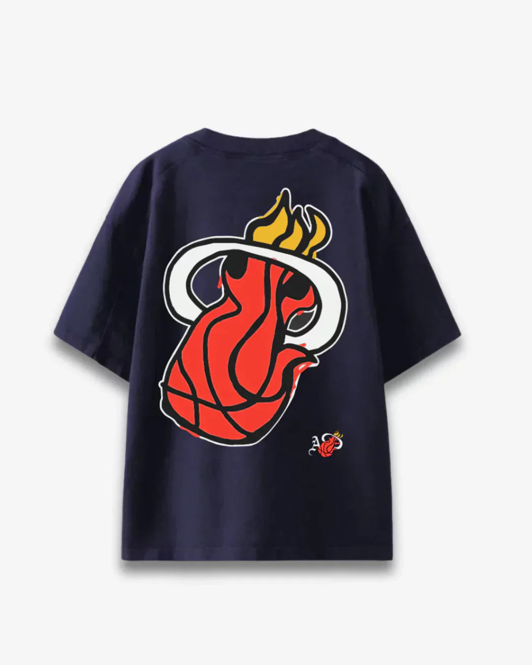 Arlo Miami Heat Oversized T-shirt navy blue tee with a large flaming basketball graphic on the back and a small logo at hem.