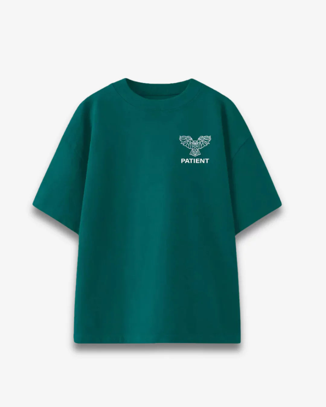 Arlo Patient Oversized TโShirt โ teal cotton tee with white eagle graphic and PATIENT text, shown in flat lay.