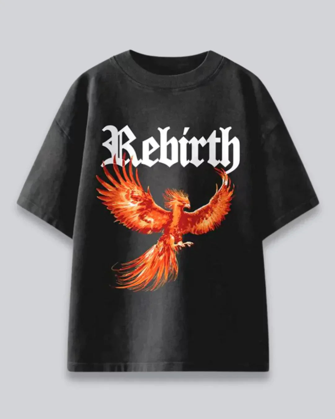 Arlo Rebirth Oversized Tshirt in black, 100% cotton, featuring white gothic Rebirth text and a fiery phoenix graphic.