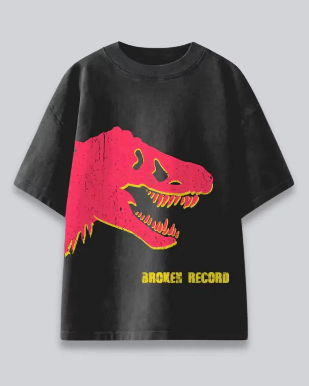 Arlo Rex Oversized Tshirt - black cotton tee with a pink T-Rex graphic outlined in yellow and Broken Record text