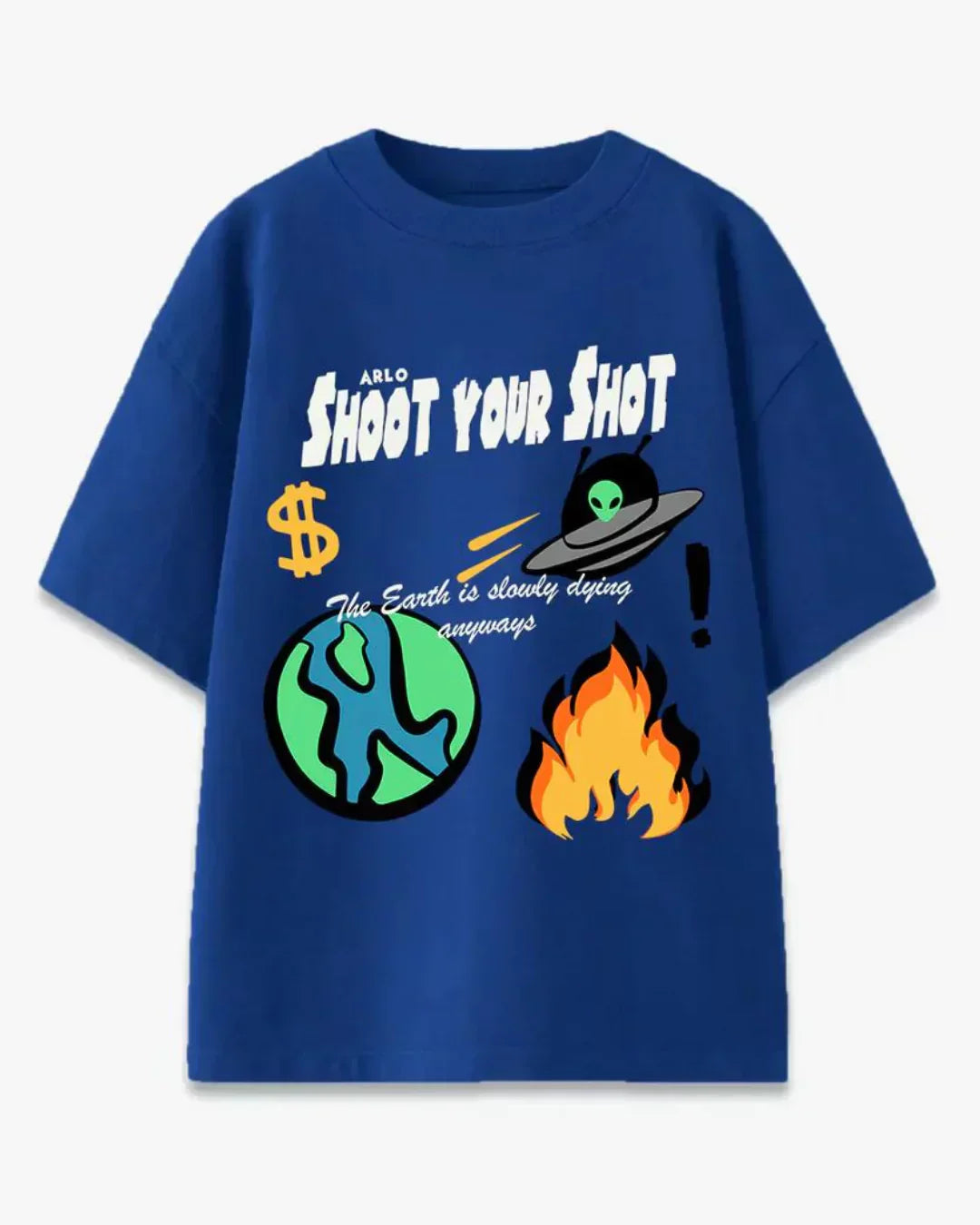 Arlo Shoot Your Shot Oversized T-Shirt – blue tee with bold white graphic print of planets and alien, shown in flat lay