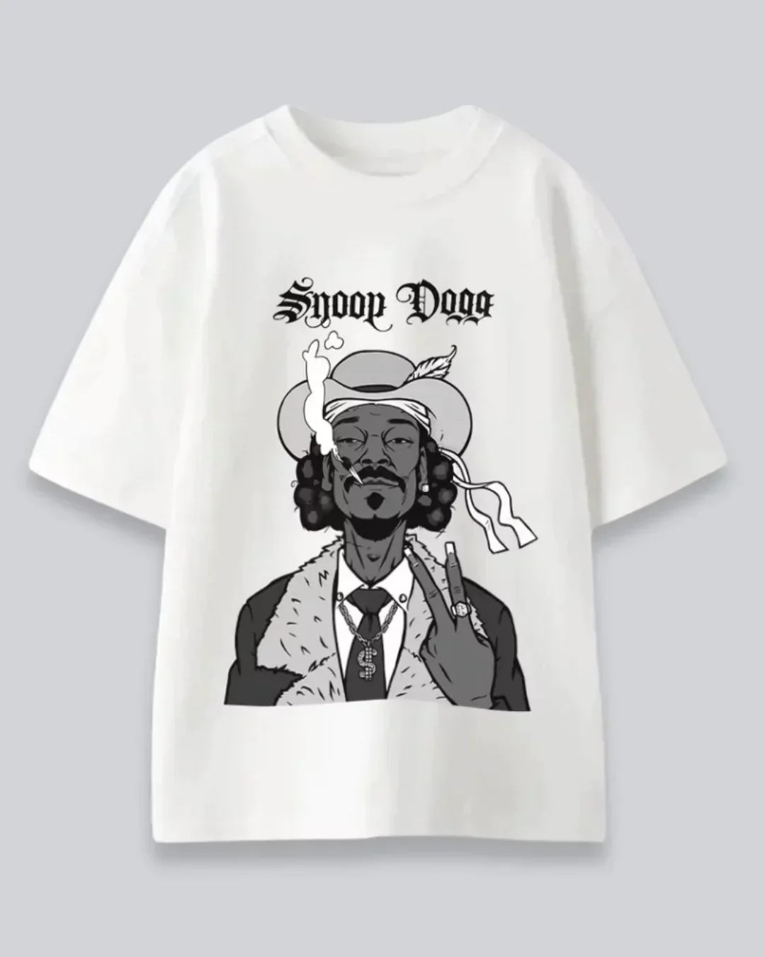 Arlo Snoopy Oversized T-Shirt white graphic tee featuring a black-and-gray Snoop Dogg illustration in a hat