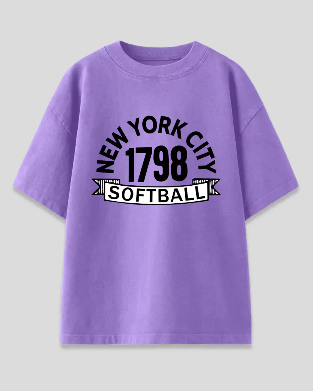 Arlo Softball Oversized T-Shirt – purple oversized tee with New York City 1798 Softball graphic, shown in flat lay