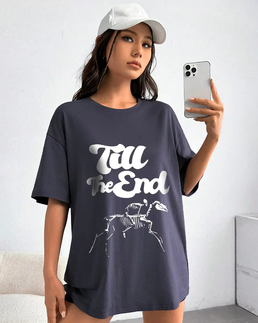 Arlo Till The End Oversized T-shirt - dark gray with white Till The End graphic and skeletal horse design, worn by model
