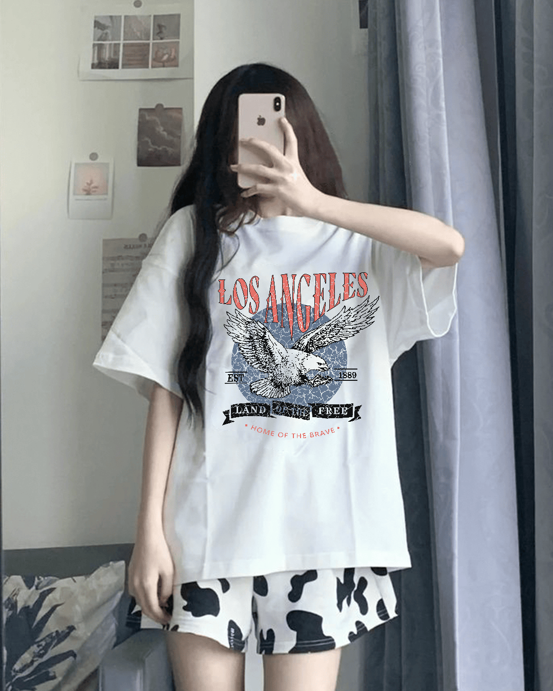 Arlo White LA Oversized T-Shirt – white graphic tee featuring a Los Angeles eagle design, worn by model
