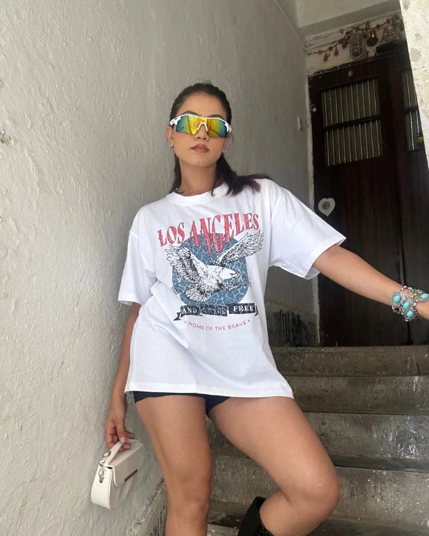 Arlo White LA Oversized T-Shirt – graphic tee with Los Angeles eagle print, worn by model