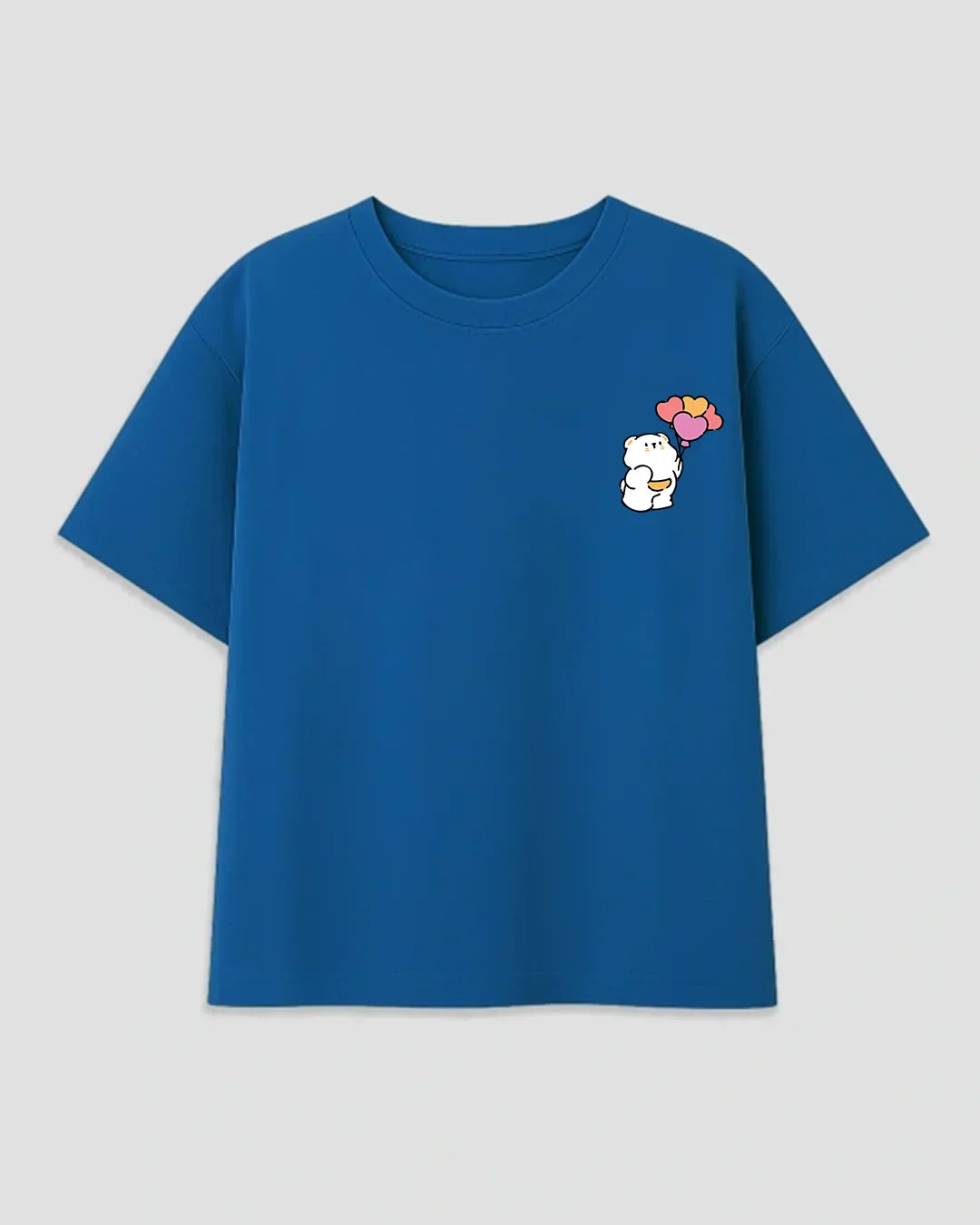 Balloon Bear Casio Boxy T-Shirt – blue boxy tee with a small bear holding heart-shaped balloons on the chest