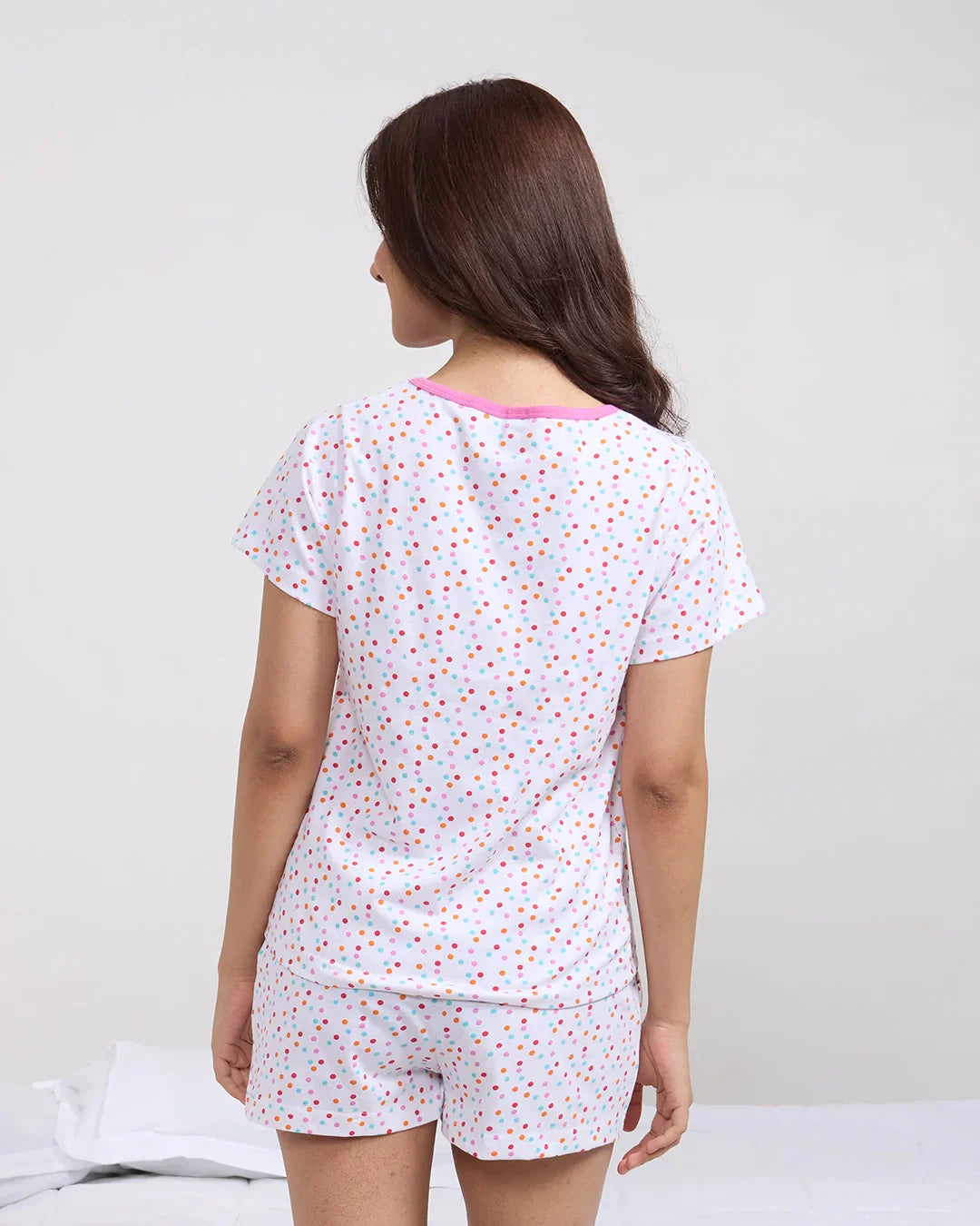 Berry Pop Cotton Shorts Set - white with multicolor polka dots, relaxed short-sleeve top with matching shorts, worn by model