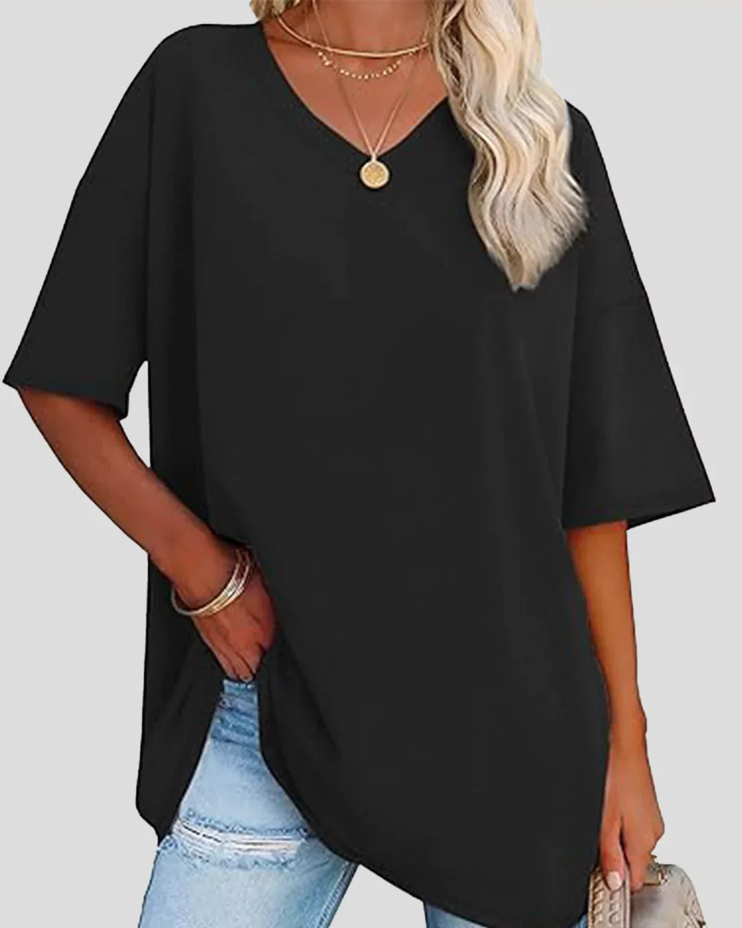 Black Plain V-Neck Oversize T-Shirt