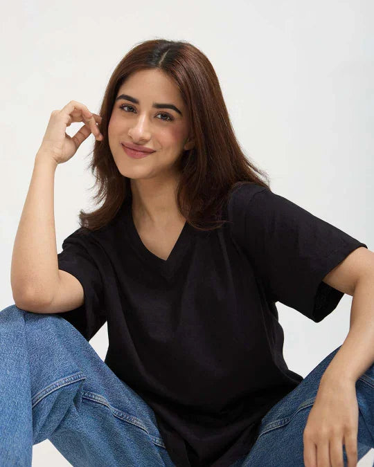 Black Plain V-Neck Oversize T-Shirt for Women Online In India | DKY