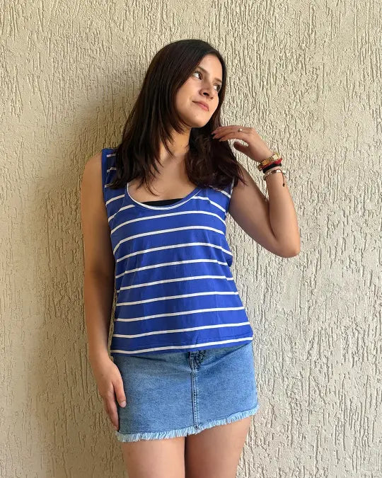 Bluey Sleeveless Scoop Neck T-Shirt DKY blue with white horizontal stripes, sleeveless relaxed fit top shown on model