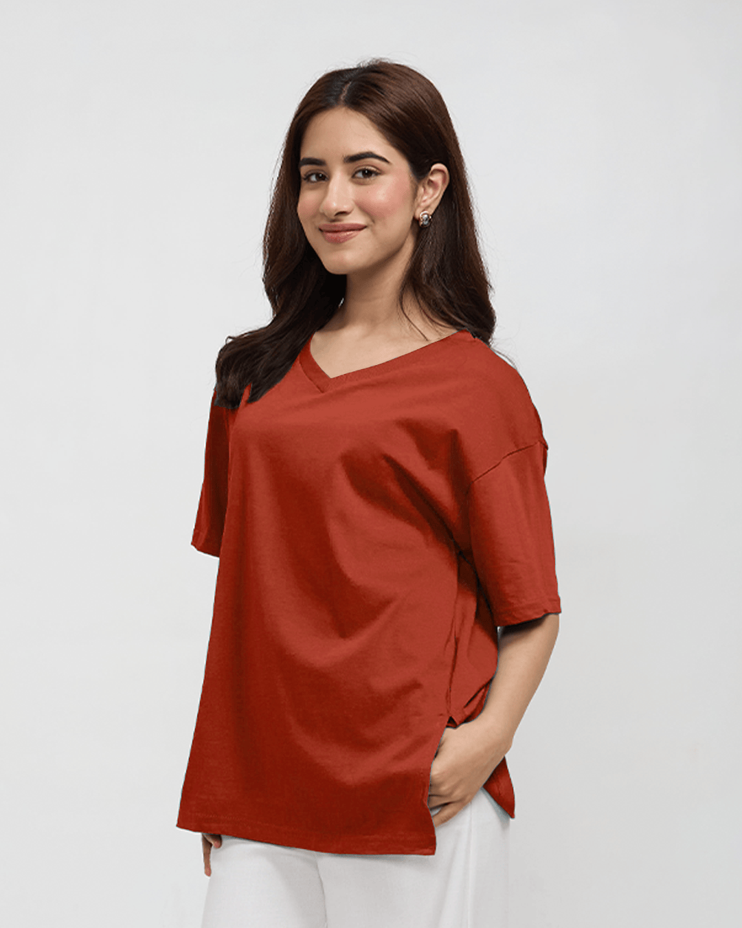 Brick Plain V-Neck Oversized T-Shirt