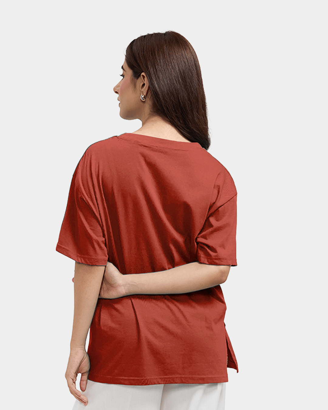 Brick Plain V-Neck Oversized T-Shirt