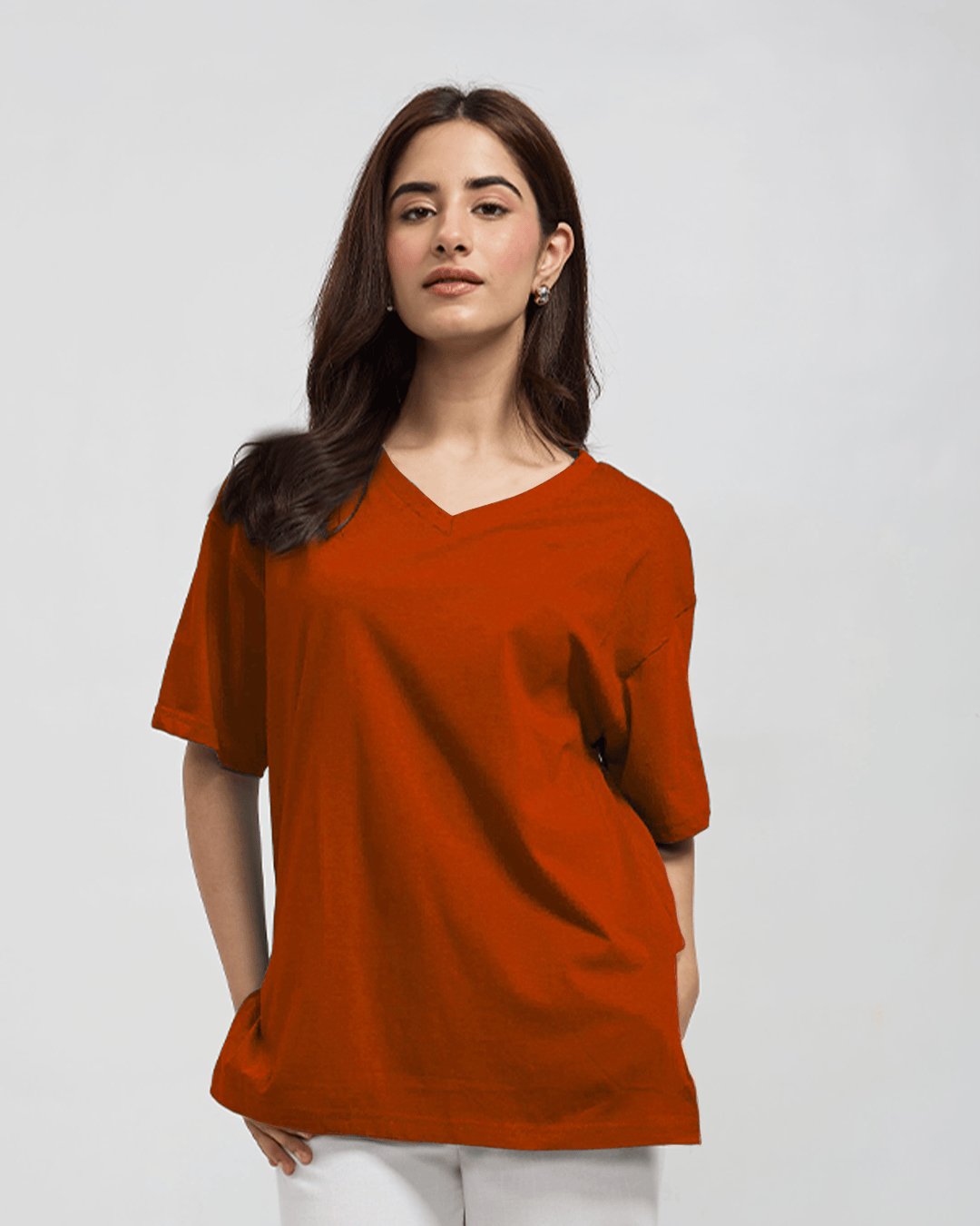 Brick Plain V-Neck Oversized T-Shirt