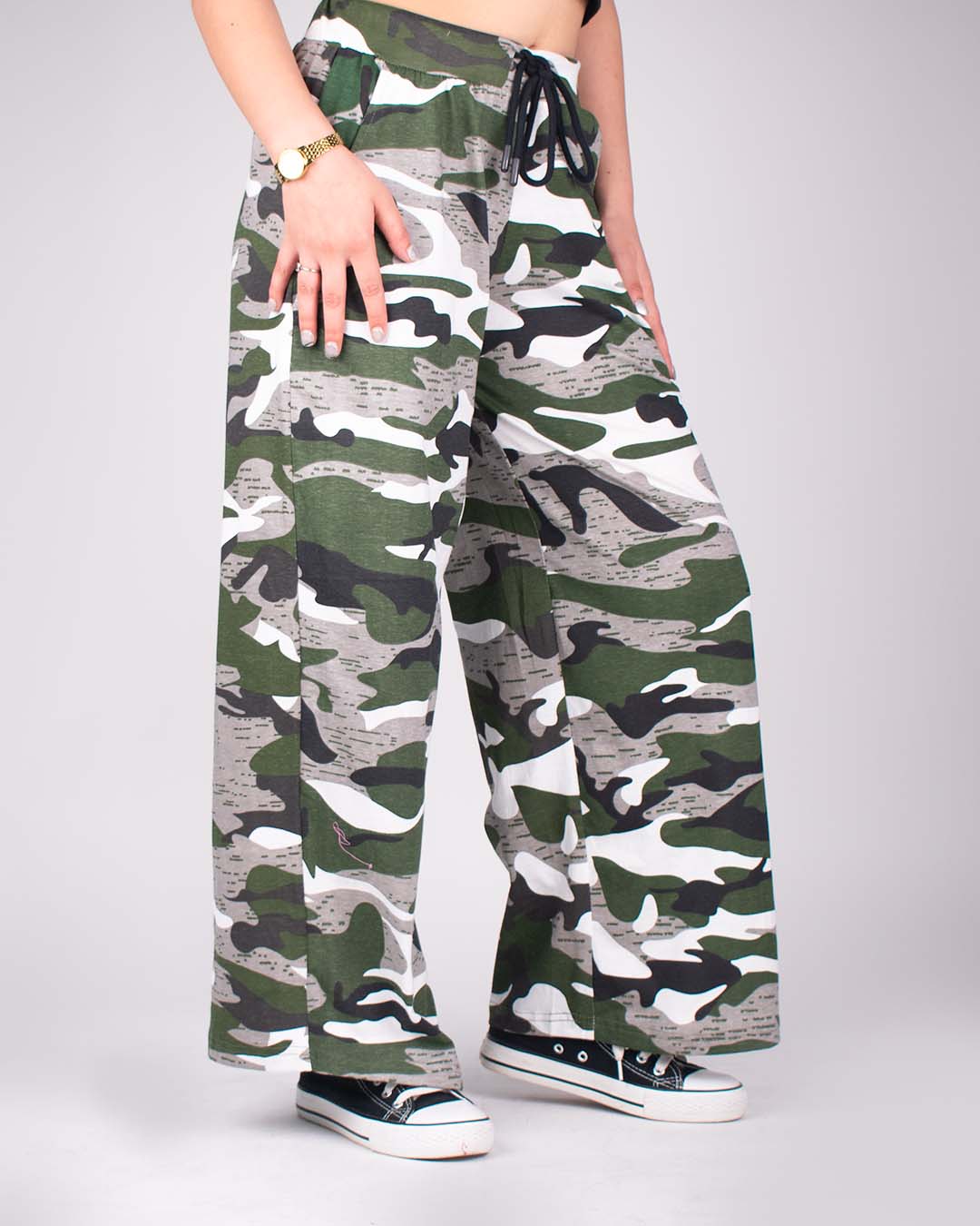 Camo Pajama pants - green camouflage wide-leg with drawstring, worn by model