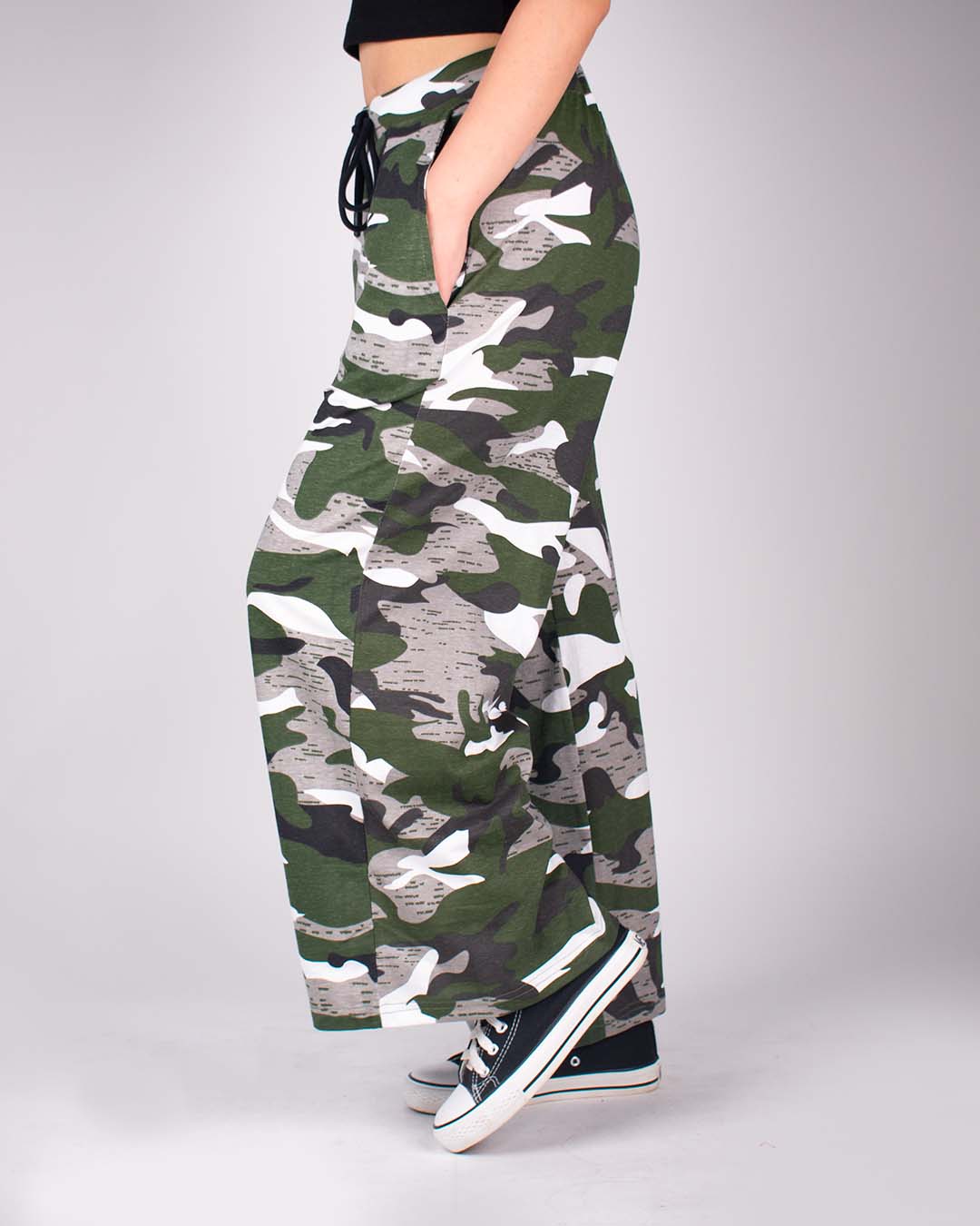 Camo Pajama pants – green camouflage print, relaxed fit with drawstring waist, DKY, worn by model