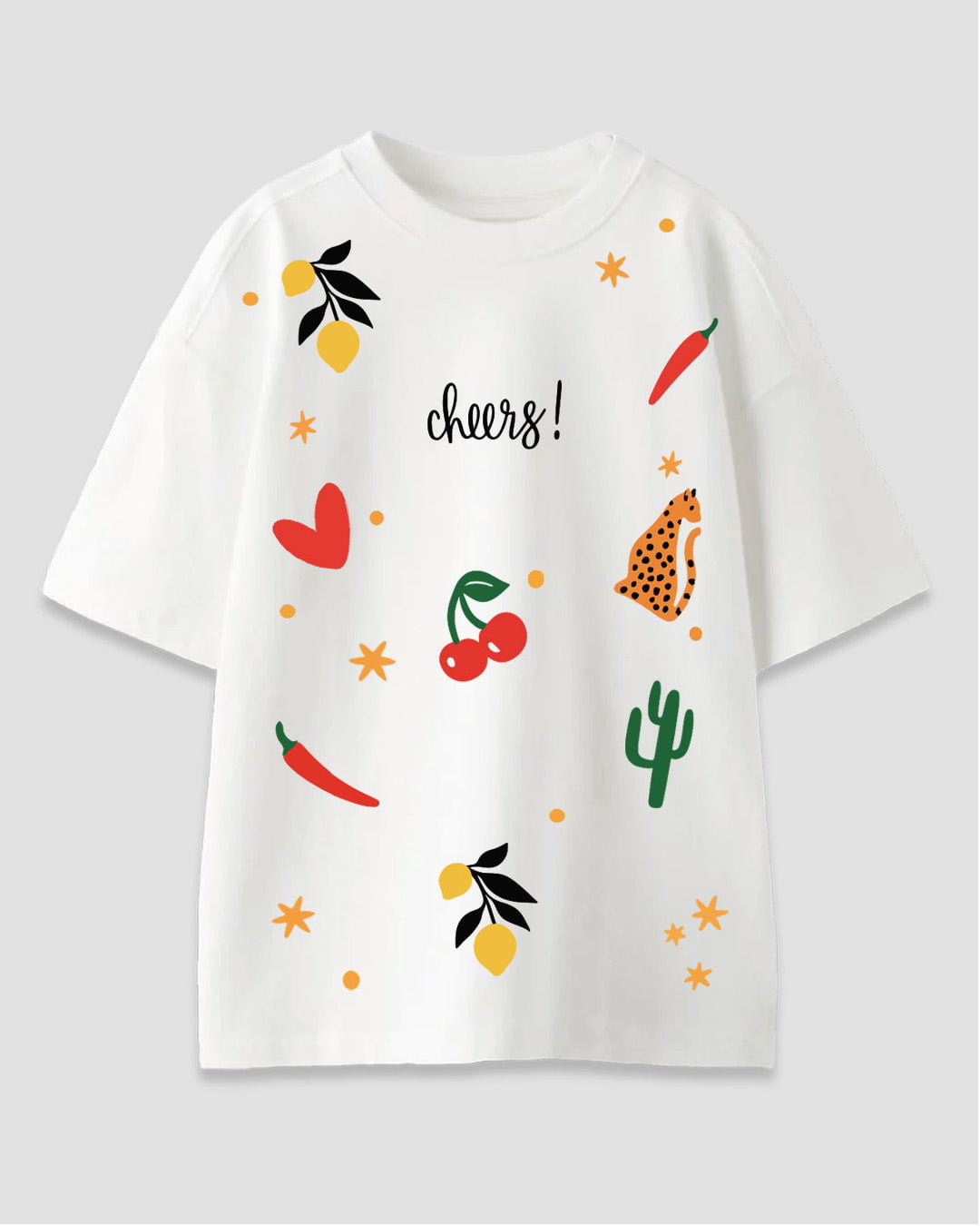 Cheers Oversized T-Shirt - white oversized graphic tee with lemons, cherries, chili, cactus and leopard print, shown flat lay