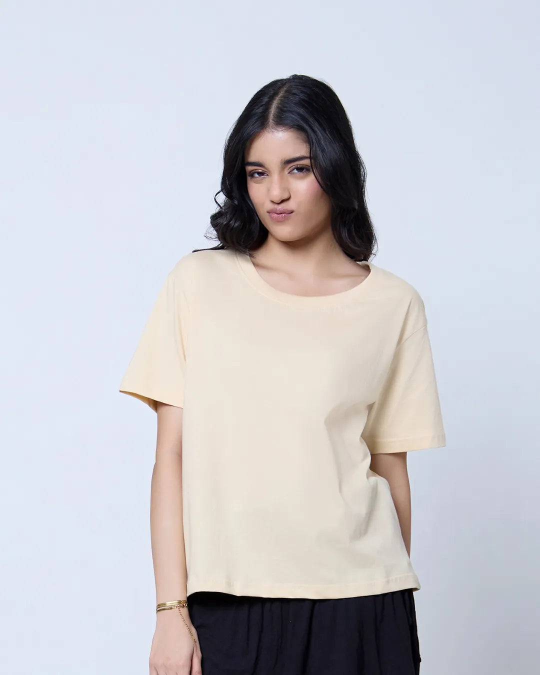 Cream Plain Boxy Oversize T-Shirt – DKY, cream color, boxy fit, short sleeves, worn by model
