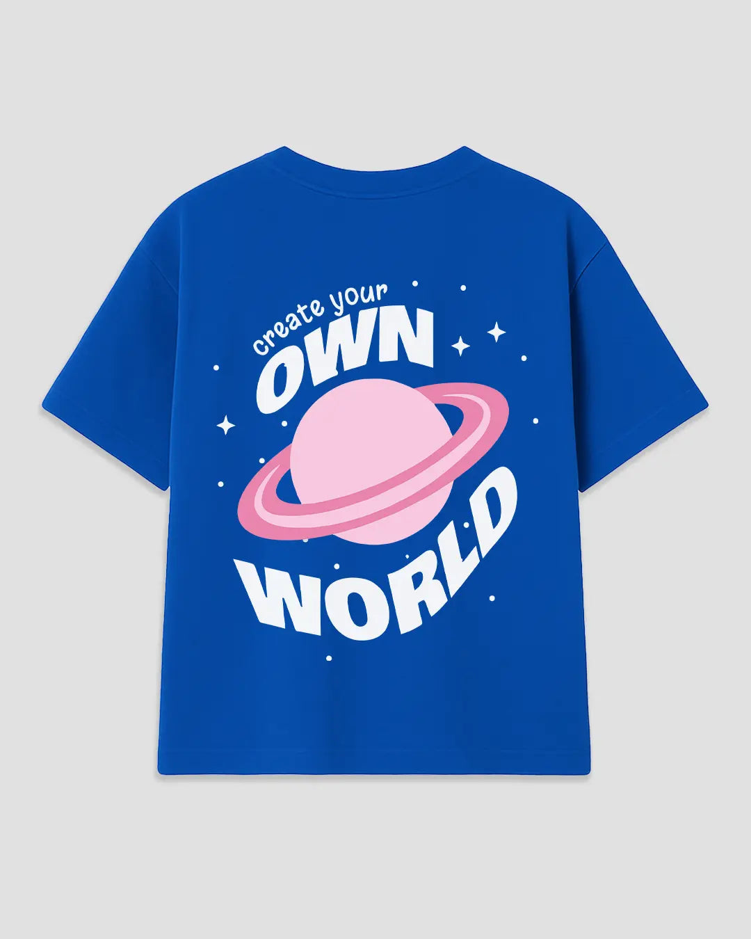 Create Your Own World RB Boxy T-Shirt - blue back-view boxy tee with pink planet graphic and white text