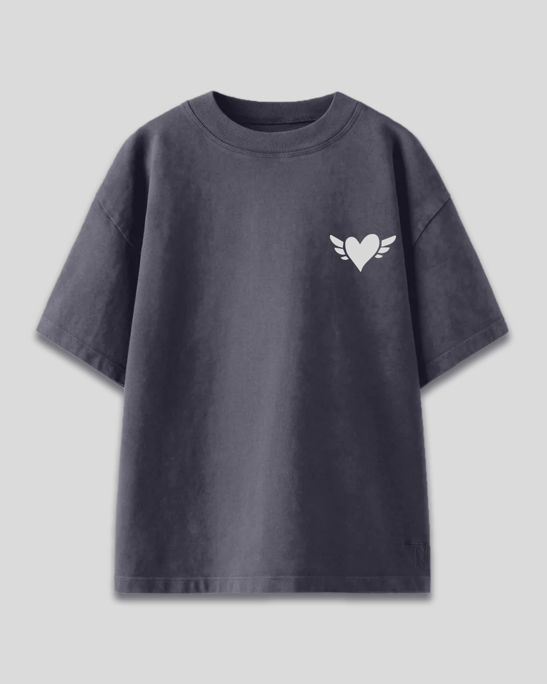 DG Turn Off My Feelings Oversized T-Shirt – charcoal gray tee with white heart and wings graphic