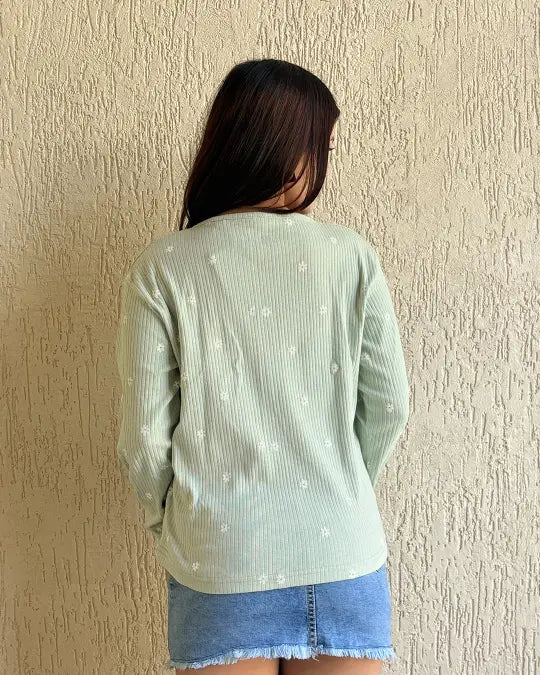 Floral Scoop Neck T-Shirt - mint green relaxed-fit top with small floral pattern, worn by model