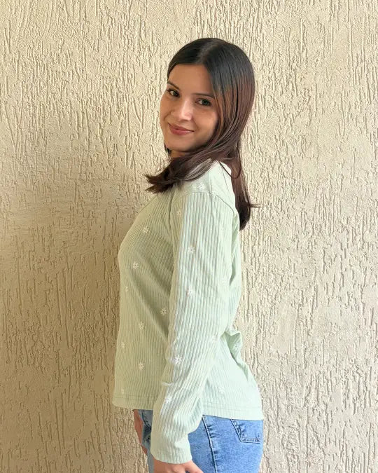 Floral Scoop Neck T-Shirt - mint green ribbed long-sleeve top with small white florals, worn by model.