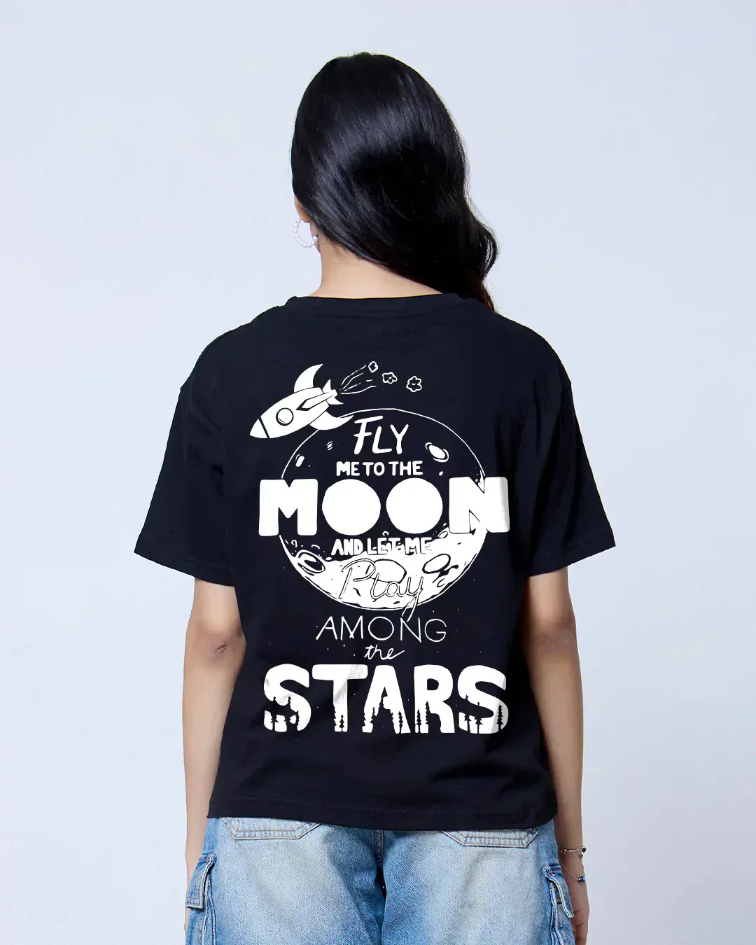 Fly To The Moon Boxy Oversize T-Shirt – black with white rocket and moon graphic, worn by model