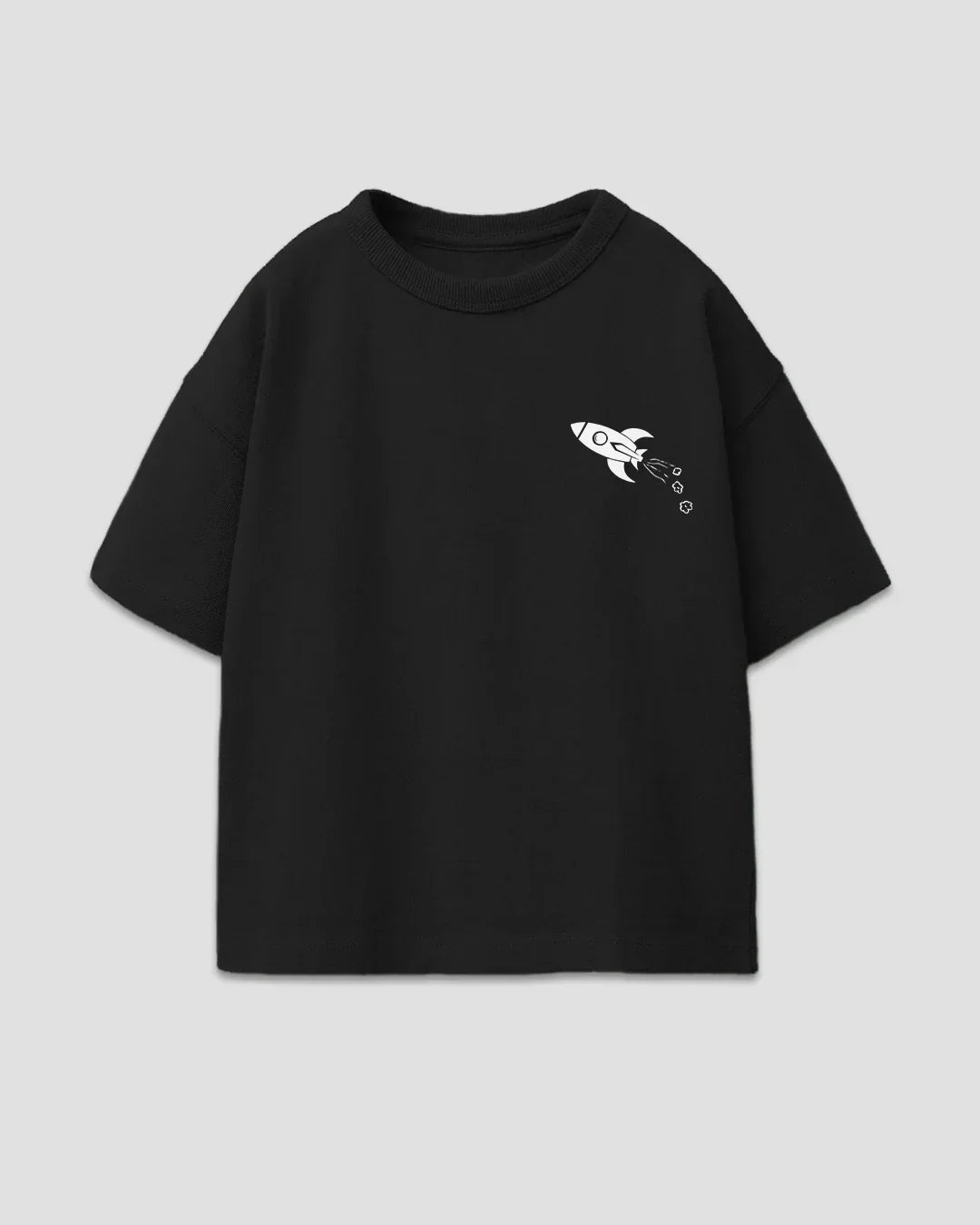 Fly To The Moon Boxy Oversize T-Shirt – black boxy OS graphic tee with a small white rocket print on the chest