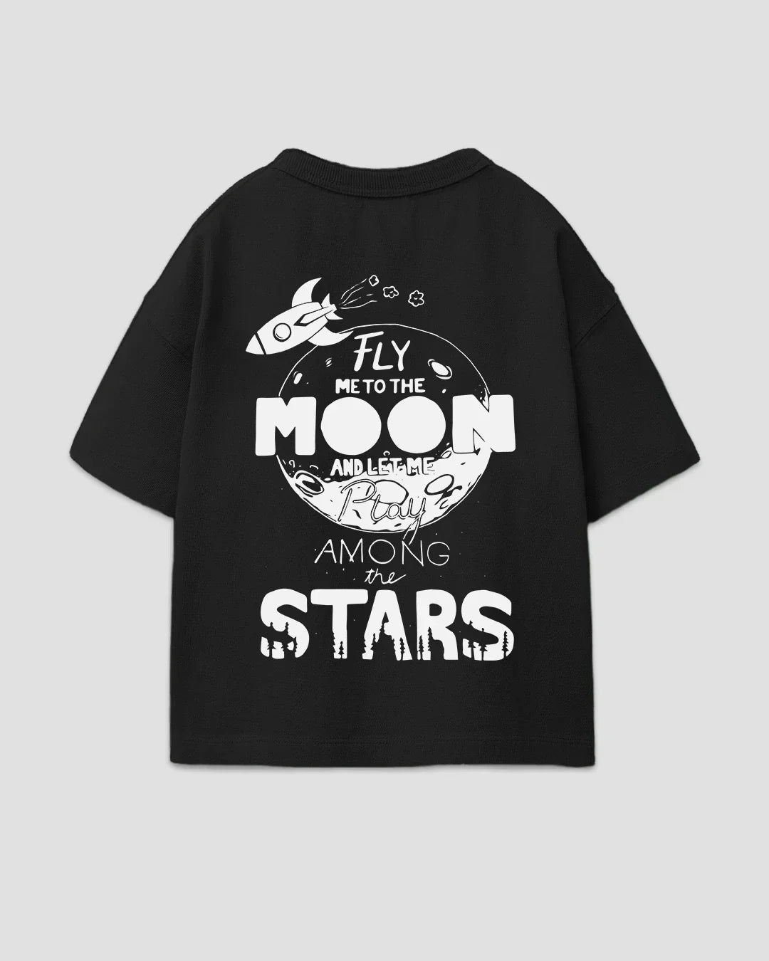 Fly To The Moon Boxy Oversize T-Shirt – black graphic tee with white rocket and moon design on the back.