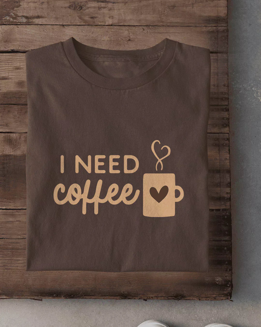 I Need Coffee T-Shirt - brown regular tee graphic with beige coffee mug and heart design, shown in flat lay