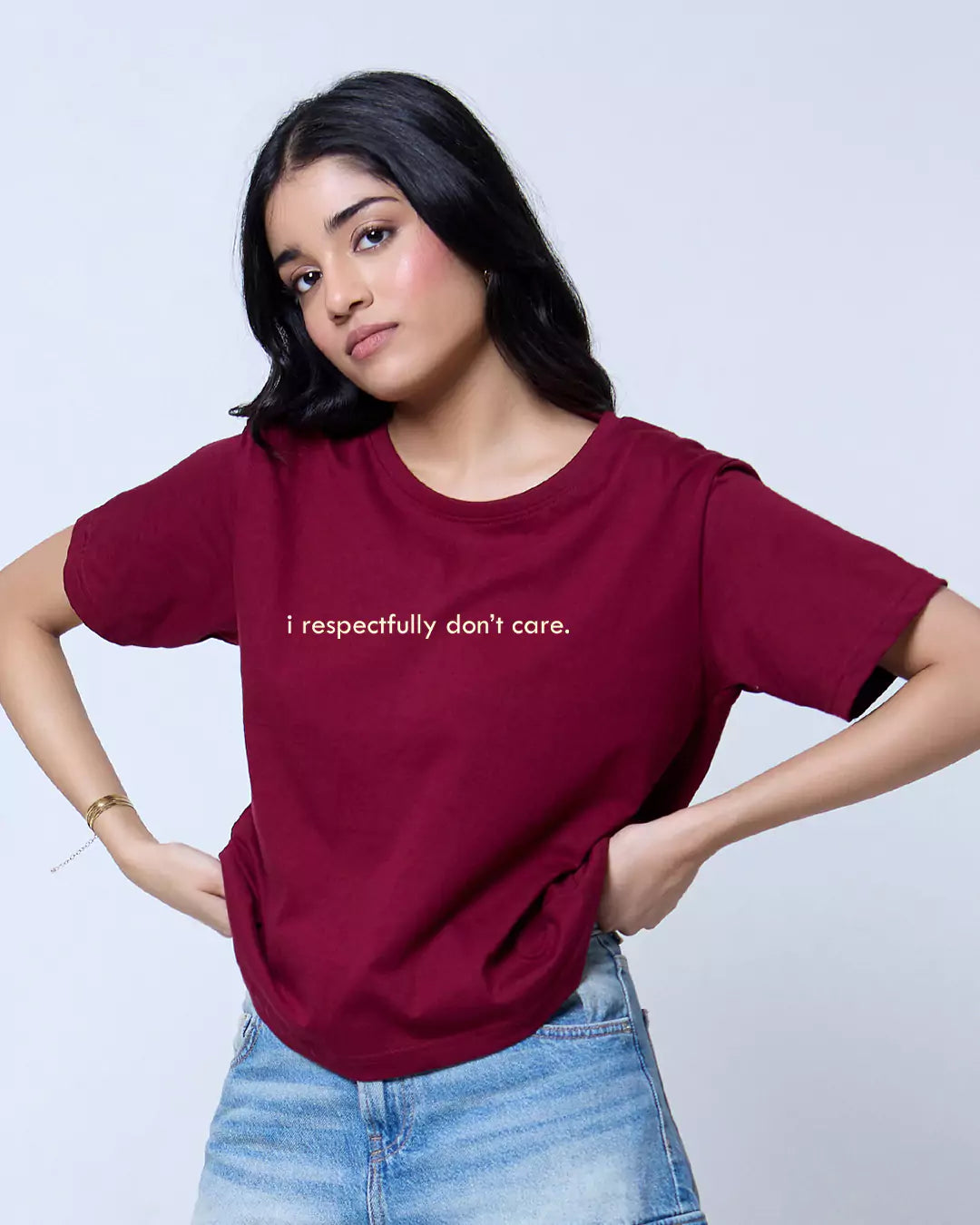 I Respectfully Don't Care Maroon Boxy T-Shirt – maroon boxy tee minimal with white text, worn by model