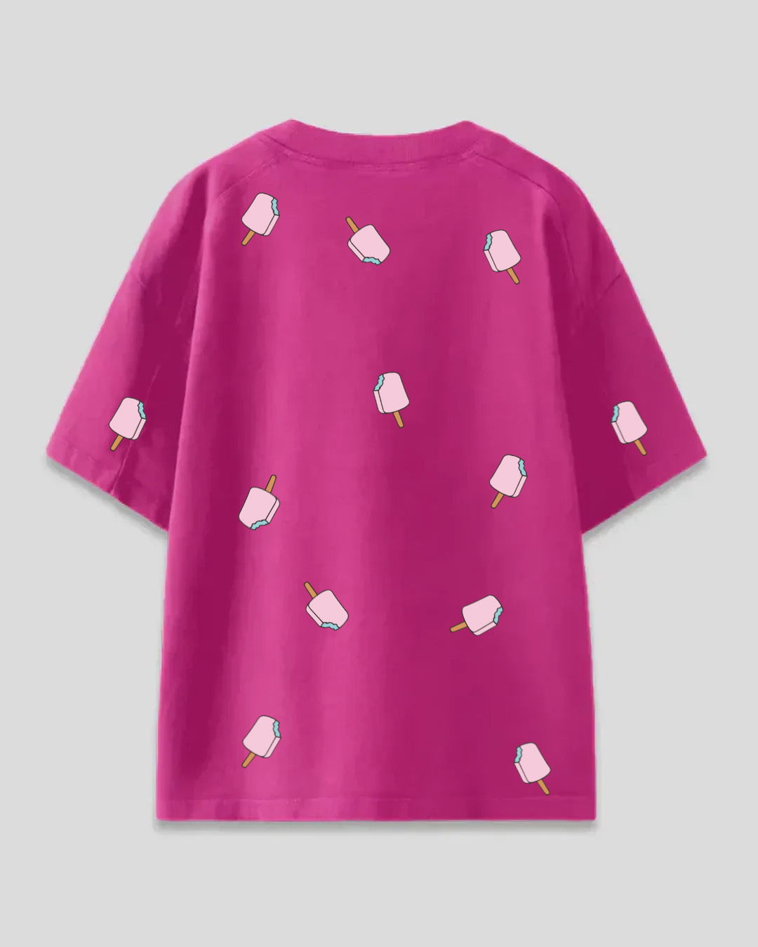 Ice Cream Oversized T-Shirt – pink oversized tee with ice cream popsicle print, shown in flat lay