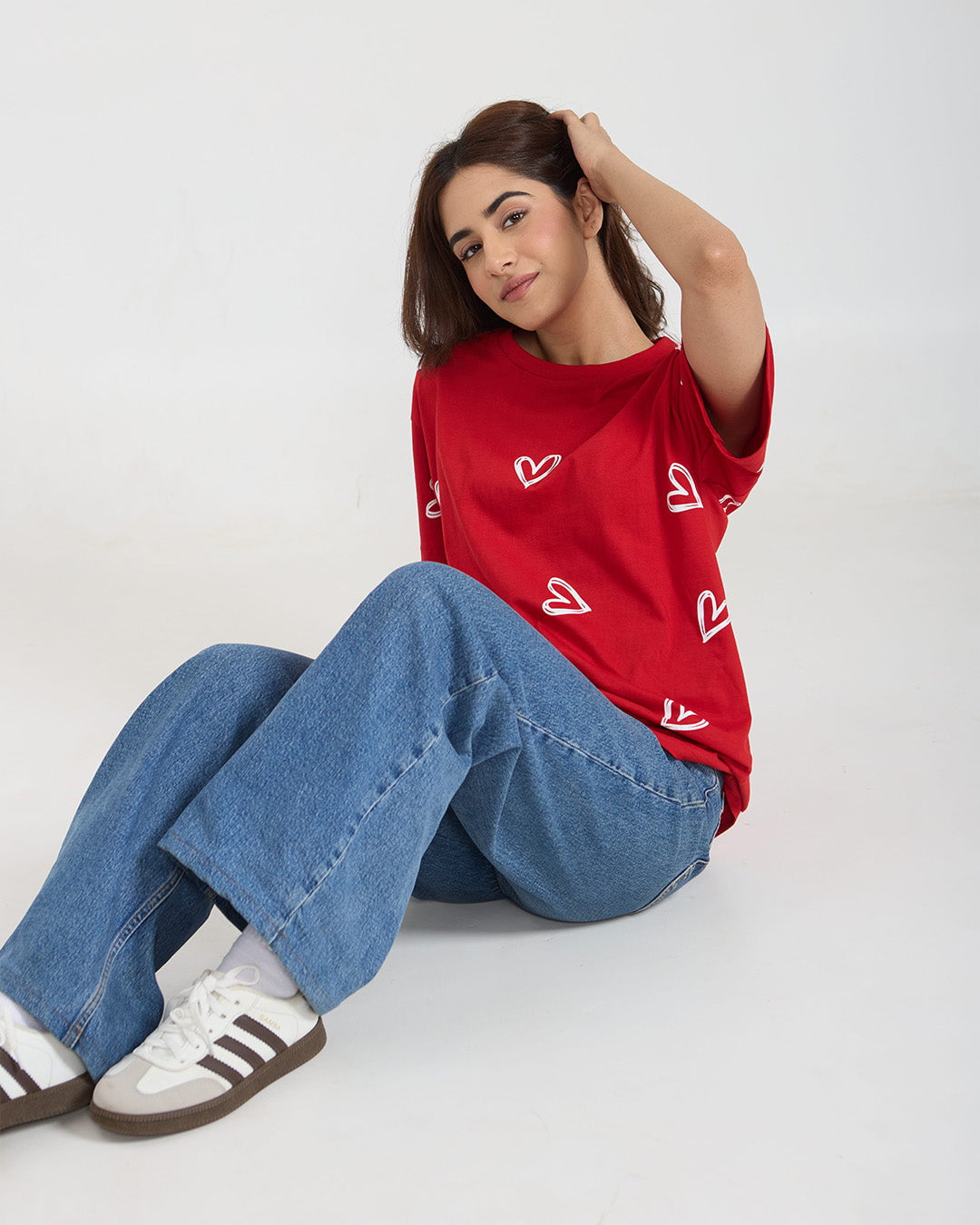 Juliet Oversized T-Shirt - red, oversized fit with white heart print, worn by model