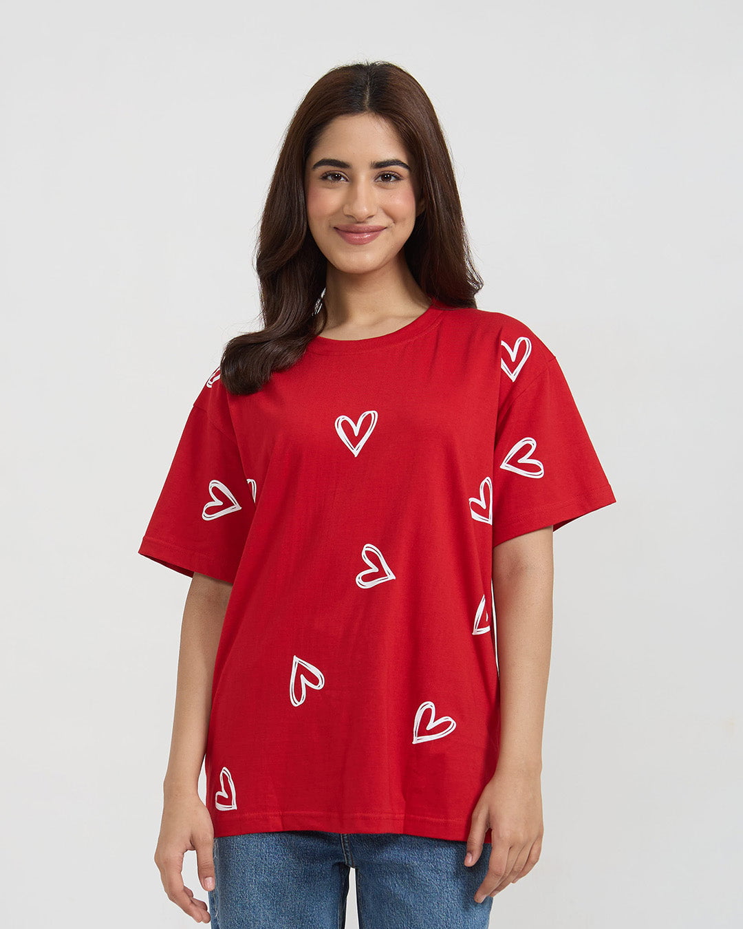 Juliet Oversized T-Shirt - red oversized tee with white heart print, worn by model