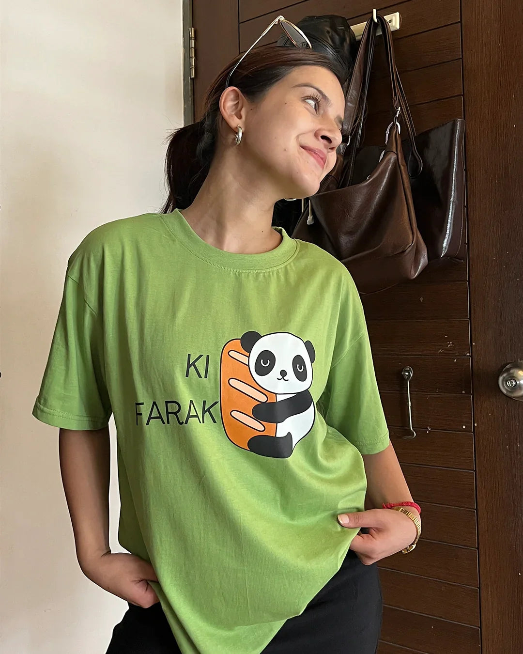 Ki Farak Panda Oversized T-Shirt – lime green tee with panda graphic, worn by model