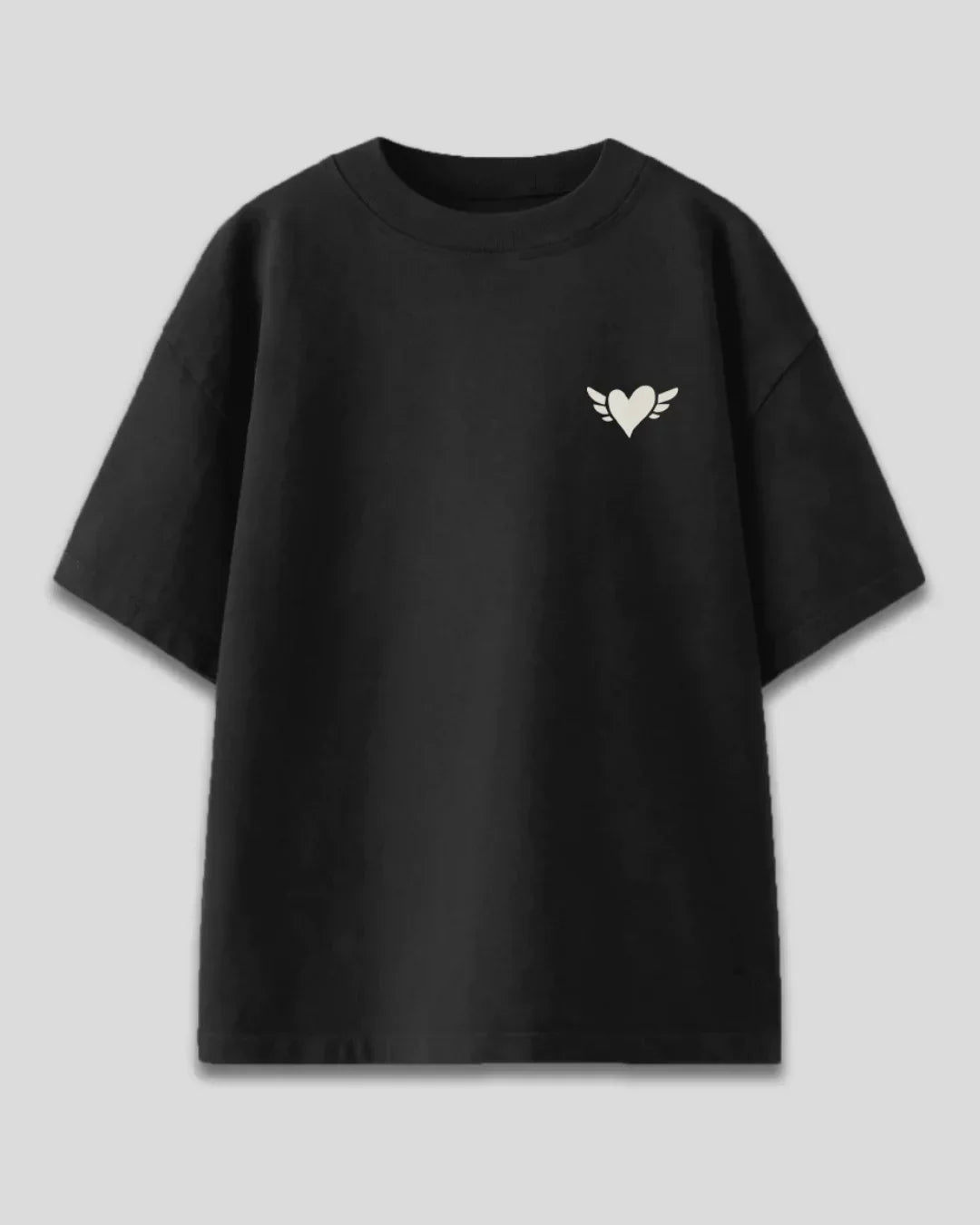 Kinda Care Kinda Don't Oversized T-Shirt - black tee with white heart wings logo on chest